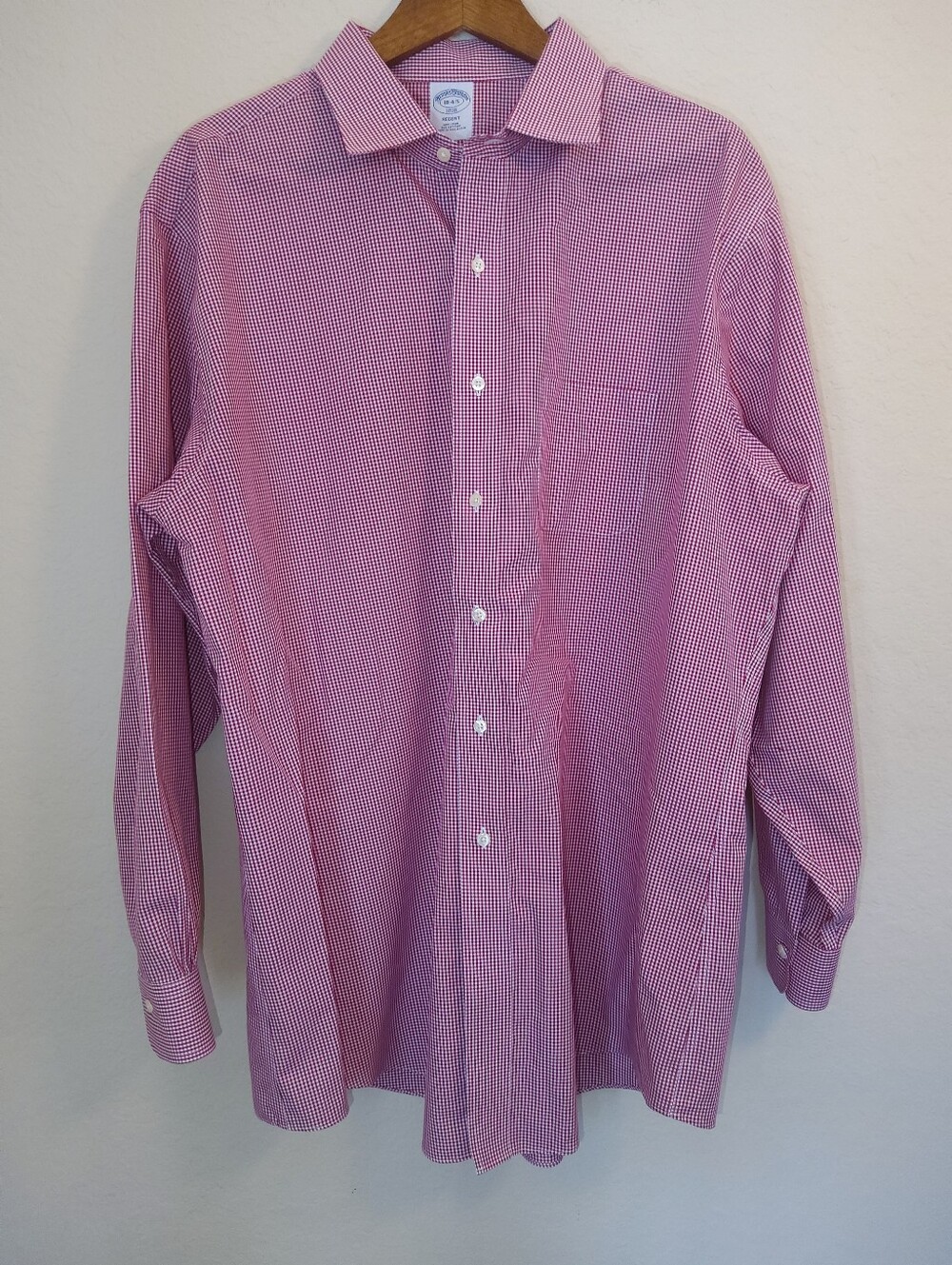 Brooks Brothers Regent Fit Dress Shirt Mens Size 18 Red White Gingham Non Iron